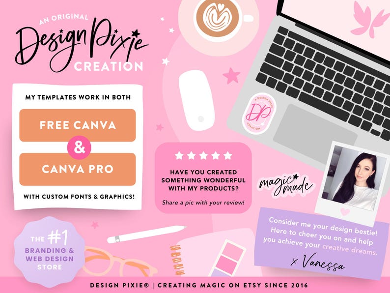K&ouml;nnte beinhalten: Rosa-wei&szlig;es Grafikdesign-Template f&uuml;r Canva mit dem Text "Design Pixie Creation" und "Meine Vorlagen funktionieren sowohl mit Free Canva als auch mit Canva Pro mit benutzerdefinierten Schriftarten und Grafiken!" Die Grafik enth&auml;lt au&szlig;erdem einen Laptop, eine Kaffeetasse, eine Maus und einen Aufkleber mit dem Text "Design Pixie Creation".