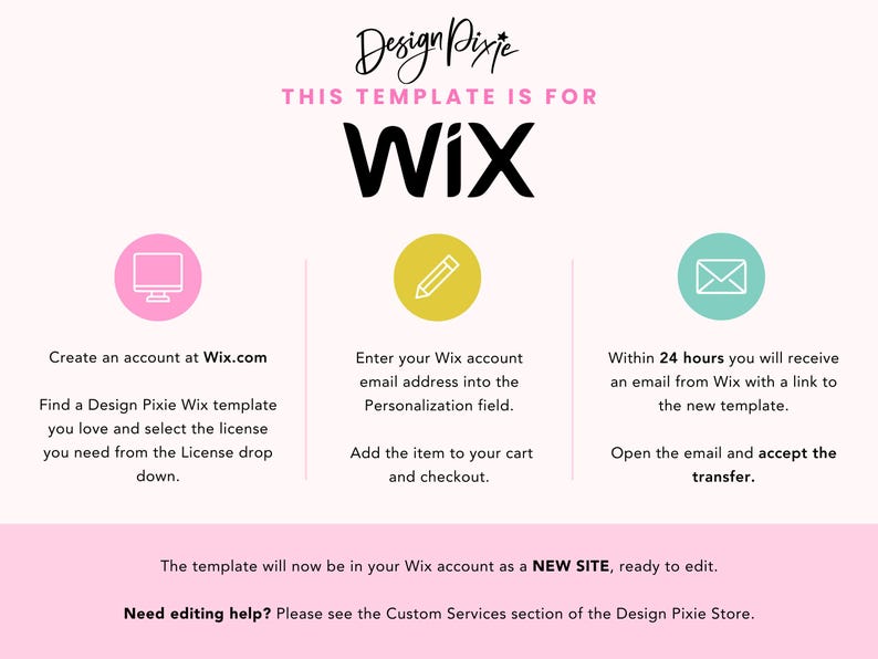 May include: A pink, yellow, and teal graphic with three steps to purchase a Wix website template. The steps are: 1. Create an account at Wix.com, 2. Enter your Wix account email address into the personalization field, and 3. Within 24 hours you will receive an email from Wix with a link to the new template. Open the email and accept the transfer. The template will now be in your Wix account as a NEW SITE, ready to edit. Need editing help? Please see the Custom Services section of the Design Pixie Store.