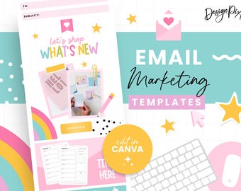 May include: A colorful email marketing template with the text "let's shop WHAT'S NEW" and "EMAIL Marketing TEMPLATES" in a pink, yellow, and blue color scheme. The template is designed to be edited in Canva.