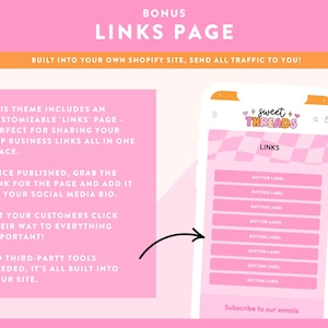 May include: Pink and orange graphic with the text "BONUS LINKS PAGE" and a phone mockup displaying a "LINKS" page. The page includes several pink "BUTTON LABEL" options. Text on the left explains the page's features.