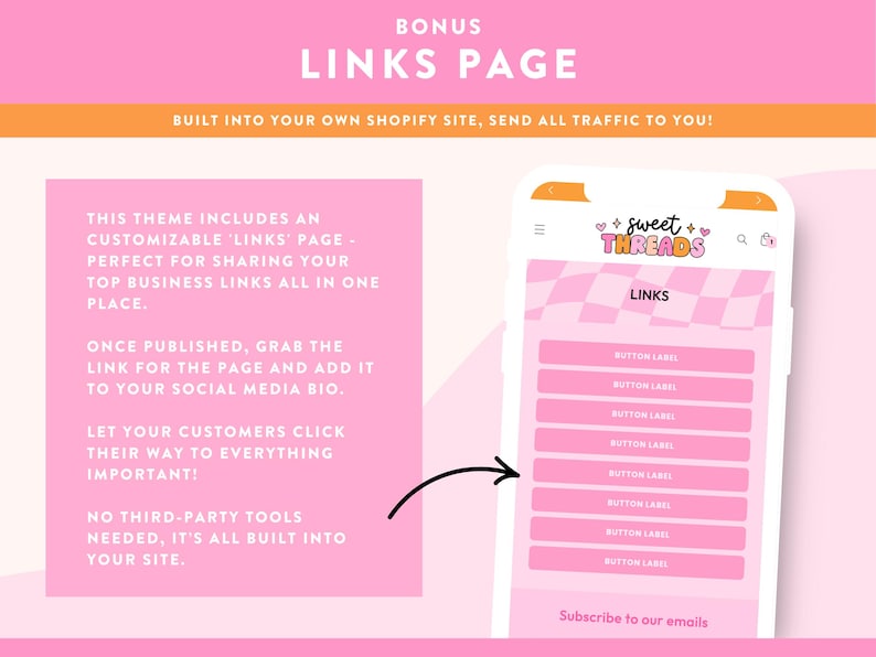 May include: Pink and orange graphic with the text "BONUS LINKS PAGE" and a phone mockup displaying a "LINKS" page. The page includes several pink "BUTTON LABEL" options. Text on the left explains the page's features.