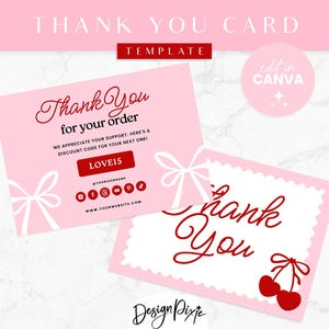 ピンクのコケットサンキューカードテンプレート - チェリーとリボンの編集可能なCanvaデザイン - 女性らしい美的センスが光るブランディングCQ01 Design Pixie