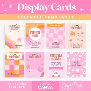 Roze retro displaykaartsjabloon canva - displaykaart sieraden - haarspeldverpakking - roze bedankkaart - Productondersteuning ST01 Blog Pixie