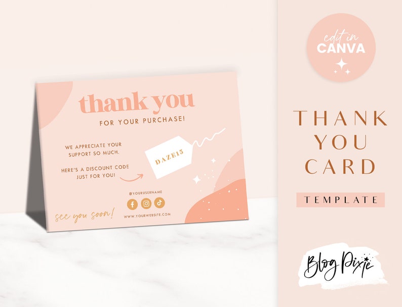 Thank You Card Template - Pink Canva Thankyou Order Card - Boho Design ...