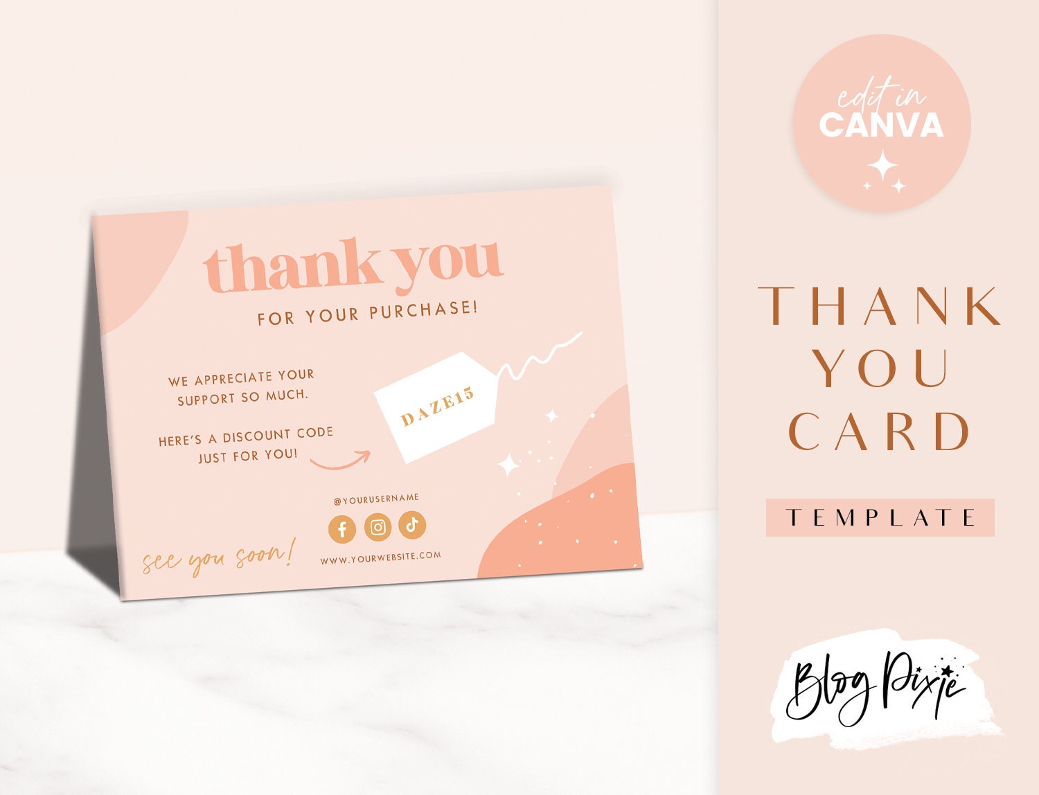 Thank You Card Template - Pink Canva Thankyou Order Card - Boho Design ...