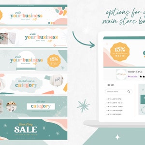 May include: A collection of banner designs for an online shop. The banners feature a light blue background with colorful abstract shapes and text. The text includes "write your business", "15% off with the code MAGIC", "see what's new in category", "let's shop category", and "Black Friday Sale".