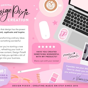 Pode incluir: Uma exibi&ccedil;&atilde;o gr&aacute;fica rosa com um laptop, uma x&iacute;cara de caf&eacute;, uma caneta stylus e a foto de uma pessoa. O texto inclui 'An Original Design Pixie Creation', 'I believe that design has the power to enchant, captivate and inspire' e 'The #1 Branding & Web Design Store'.