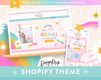 Rainbow Shopify Theme Template - Pink Shop Website Design - Canva Banners - For Digital Products - RJ01 Design Pixie