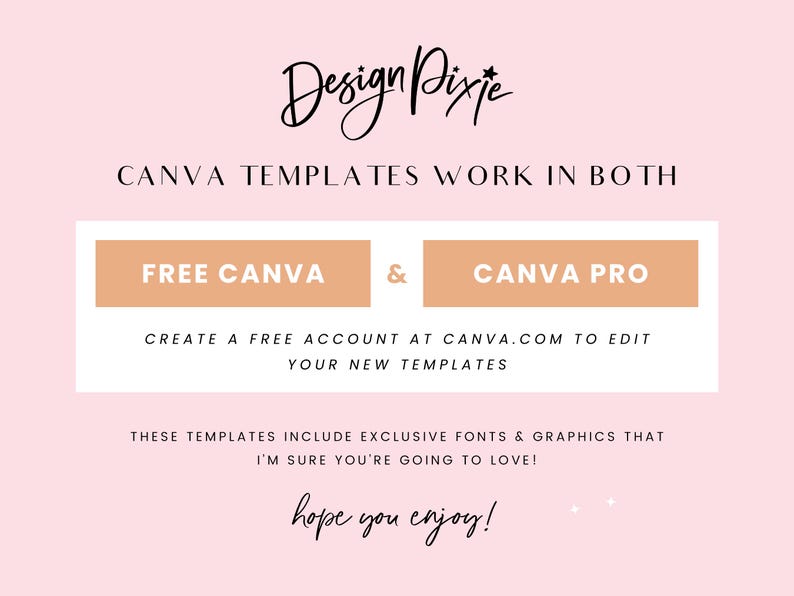 May include: A pink background with the text "Design Pixie" in black cursive font. The text "CANVA TEMPLATES WORK IN BOTH" is in black text. Two peach-colored buttons with the text "FREE CANVA" and "CANVA PRO" are below the text. The text "CREATE A FREE ACCOUNT AT CANVA.COM TO EDIT YOUR NEW TEMPLATES" is below the buttons. The text "THESE TEMPLATES INCLUDE EXCLUSIVE FONTS & GRAPHICS THAT I'M SURE YOU'RE GOING TO LOVE!" is below the text. The text "hope you enjoy!" is in black cursive font below the text.