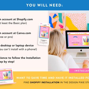 K&ouml;nnte beinhalten: Bild mit Text: &bdquo;DU BEN&Ouml;TIGST: 1. Ein Konto bei Shopify.com (mindestens der Basic-Plan). 2. Ein Konto bei Canva.com (kostenlos oder pro). 3. Ein Desktop- oder Laptop-Ger&auml;t (kann nicht mit einem Telefon installiert werden!).&ldquo; Plus Installationsanleitung.