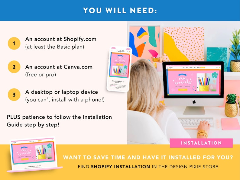 K&ouml;nnte beinhalten: Bild mit Text: &bdquo;DU BEN&Ouml;TIGST: 1. Ein Konto bei Shopify.com (mindestens der Basic-Plan). 2. Ein Konto bei Canva.com (kostenlos oder pro). 3. Ein Desktop- oder Laptop-Ger&auml;t (kann nicht mit einem Telefon installiert werden!).&ldquo; Plus Installationsanleitung.