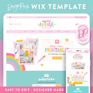 Könnte beinhalten: Eine rosa und blaue Website-Vorlage für ein digitales Druckgeschäft namens "Digital Avenue Printables". Die Vorlage zeigt einen Regenbogen, Sterne und ein rosa-weißes Logo mit dem Text "Design Pixie Creation". Der Text "Shop New Printables Get Organized This Year!" wird auf einem rosa-weißen Banner angezeigt. Die Website enthält auch einen "Abonnieren"-Button und einen Call-to-Action, um "Der Liste beizutreten, um die neuesten Nachrichten zu erhalten".