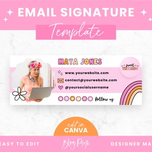Könnte beinhalten: Rosa-weißes E-Mail-Signatur-Template mit einem Regenbogen, einer Blume und einer Frau mit einem Blumenkopfband. Der Text lautet "MAYA JONES", "www.yourwebsite.com", "contact@yourwebsite.com", "@yoursocialusername", "sweet THREADS", "follow us", "edit in CANVA" und "Blog Pixie".