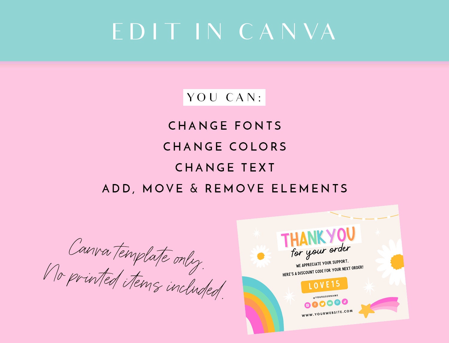 Rainbow Thank You Card Template - Canva Order Card - Rainbow Branding ...