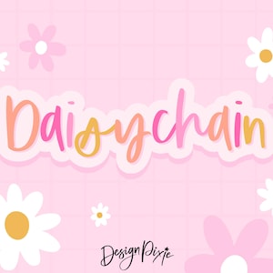May include: A pink background with a grid pattern and daisy flower illustrations. The word "DaisyChain" is written in a colorful, bubble-style font. The text "Design Pixie" is in the bottom right corner.