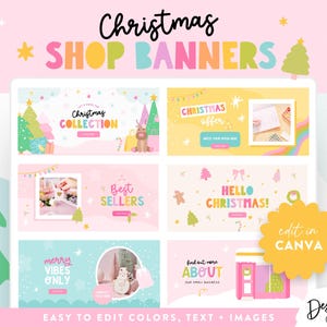 May include: A collection of Christmas shop banners with pastel colors and festive illustrations. The banners feature text like "Christmas Collection," "Best Sellers," and "Hello Christmas!" with a candy cane and Christmas tree graphic.