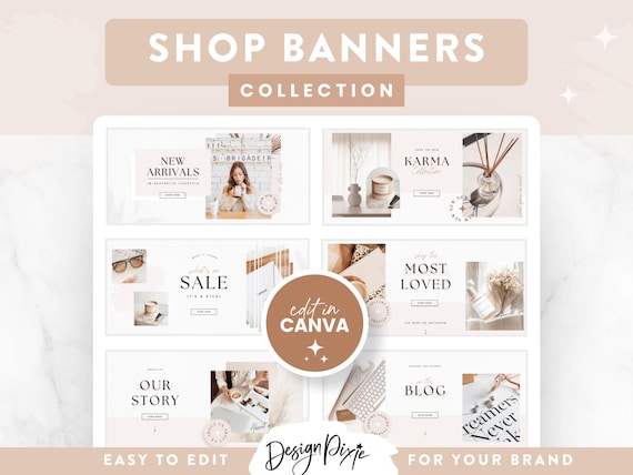 Shop Banner Templates Minimal Aesthetic - Shopify Store Banner Designs Canva - Customizable Ecommerce Graphics Neutral - HS01 Blog Pixie