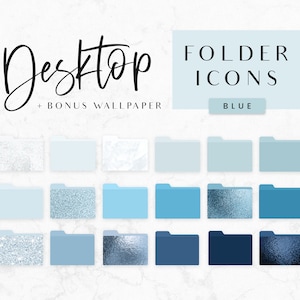 May include: A set of 18 blue folder icons for desktop organization. The icons feature different shades of blue, glitter, and marble textures. The text "FOLDER ICONS BLUE" is at the top of the image.