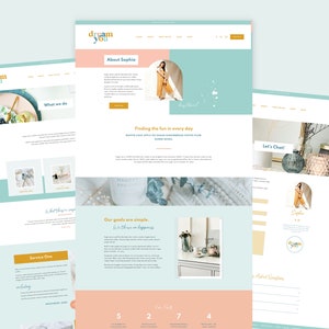 May include: A website homepage for a business called "Dream You" with a light blue and peach colour scheme. The website features a photo of a woman in a peach dress and a photo of a candle with the text "MANI AND CHI" on the label. The website also includes text that says "Finding the fun in every day" and "Our goals are simple. We believe in happiness."