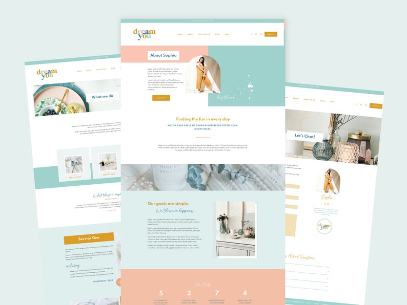 May include: A website homepage for a business called "Dream You" with a light blue and peach colour scheme. The website features a photo of a woman in a peach dress and a photo of a candle with the text "MANI AND CHI" on the label. The website also includes text that says "Finding the fun in every day" and "Our goals are simple. We believe in happiness."