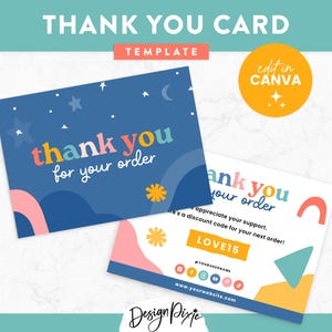 Plantilla de tarjeta de agradecimiento divertida y brillante de Canva: diseño de colores primarios: boutique para niños, juguetes, guardería, aula, manualidades: LV01 Design Pixie