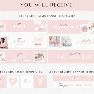 Puede incluir: Plantillas de banner de tienda Etsy rosa y blanco con un dise&ntilde;o de coraz&oacute;n. Los banners incluyen texto como "Let's shop Instagram", "Bride", "Let's shop Category", "Black Friday Sale Sale Sale", y "Thank you for your order".