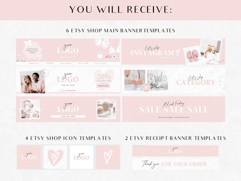 Puede incluir: Plantillas de banner de tienda Etsy rosa y blanco con un dise&ntilde;o de coraz&oacute;n. Los banners incluyen texto como "Let's shop Instagram", "Bride", "Let's shop Category", "Black Friday Sale Sale Sale", y "Thank you for your order".