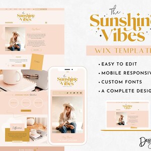 May include: A website template for Wix featuring a pink and gold color scheme with the text "The Sunshine Vibes" in a bold, decorative font. The template is described as easy to edit, mobile responsive, with custom fonts, and a complete design.