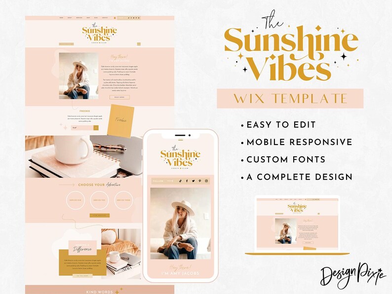 May include: A website template for Wix featuring a pink and gold color scheme with the text "The Sunshine Vibes" in a bold, decorative font. The template is described as easy to edit, mobile responsive, with custom fonts, and a complete design.