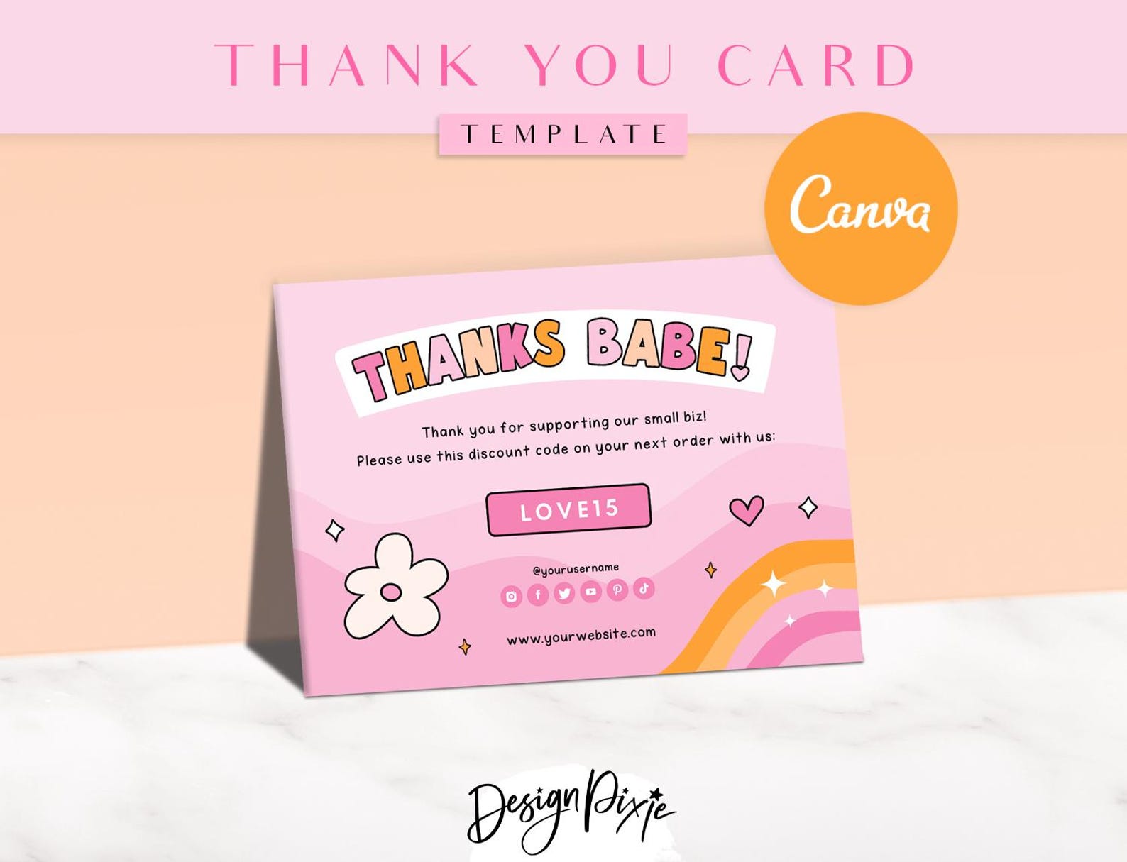 Thank You Card Template Pink Retro- Canva Thankyou Order Card - Fun ...