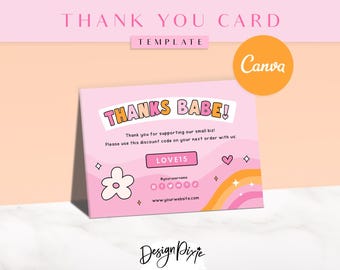 Thank You Card Template Pink Retro-  Canva Thankyou Order Card - Fun Retro Design - Rainbow Small Business Branding - ST01 - Blog Pixie