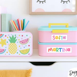 May include: Two rectangular pink lunch boxes with light blue lids. One box features a pineapple, watermelon slices, and colorful dots. The other stacked box has a yellow handle and two white labels with the names Sofia and Martina in colorful letters.