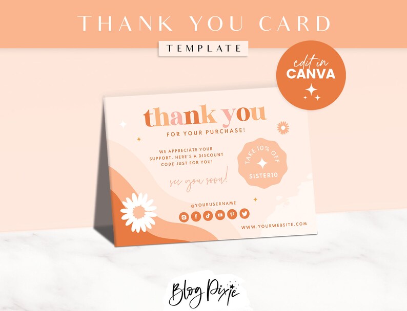 Thank You Card Template - Bright Retro Canva Thankyou Order Card - Boho ...