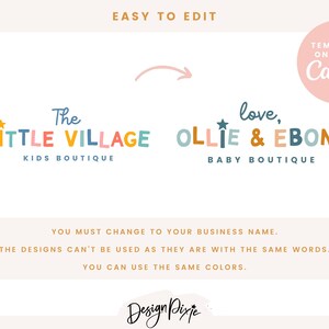 May include: Two colorful logo templates for a kids boutique and a baby boutique. The first logo says "The Little Village Kids Boutique" with a yellow star. The second logo says "love, Ollie & Ebony Baby Boutique" with a yellow star. The logos are designed for use with Canva.