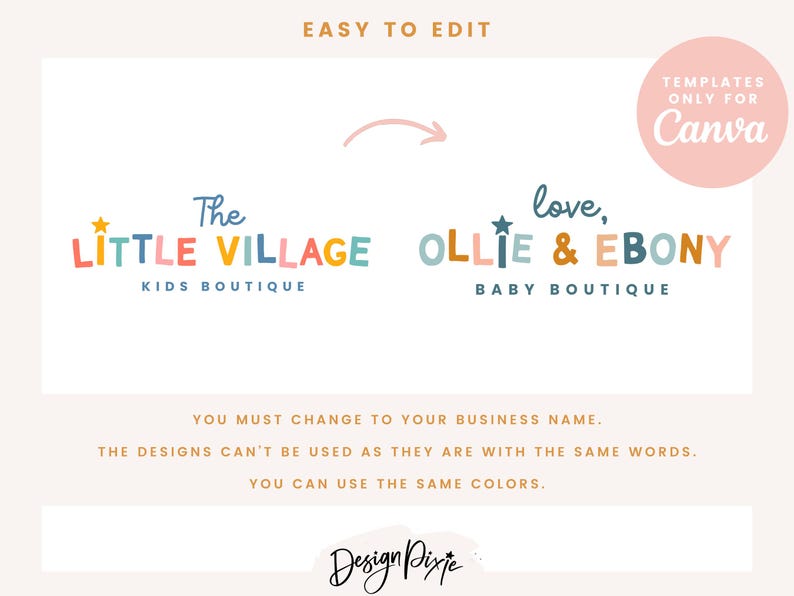May include: Two colorful logo templates for a kids boutique and a baby boutique. The first logo says "The Little Village Kids Boutique" with a yellow star. The second logo says "love, Ollie & Ebony Baby Boutique" with a yellow star. The logos are designed for use with Canva.