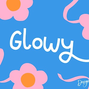 May include: A blue background with the word "Glowy" in white script. Pink flowers with orange centers and pink ribbons are scattered across the image. The words "Design Dixie" are in the bottom right corner.