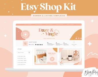 May include: A laptop screen mockup displaying an Etsy shop banner template with a pink and orange colour scheme. The banner features the text "Daze & Magic" with a star and a website address. The shop name is "Shop Name" and the shop has a five-star rating. The shop's items are listed in categories. The text "Blog Pixie" is in the bottom right corner of the image.