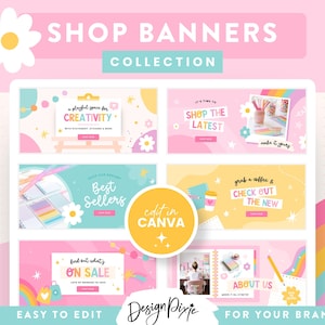 May include: A set of six colorful and playful shop banners featuring rainbows, stars, and daisies. The banners are designed for use on social media and promote a creative space, best sellers, new products, sales, and information about the shop. The text on the banners reads "a playful space for creativity", "Shop the Latest", "Best Sellers", "Grab a coffee & Check out the New", "Find out what's on sale", and "About Us".