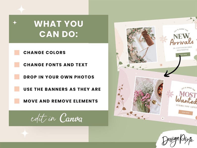 K&ouml;nnte beinhalten: Zwei Social-Media-Banner-Vorlagen mit floralen Designs und dem Text "Neue Ank&uuml;nfte" und "Am meisten gew&uuml;nscht". Die Banner sind im Cottagecore-Stil gehalten und haben ein hellrosa und cremefarbenes Farbschema.