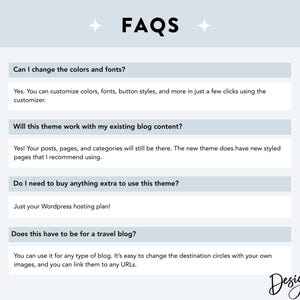Puede incluir: Gr&aacute;fico azul claro con el t&iacute;tulo "FAQs" y cuatro preguntas con respuestas. Las preguntas abordan la personalizaci&oacute;n de colores y fuentes, la compatibilidad con el contenido del blog existente, los costos adicionales y el tipo de blog. El logotipo de Design Pixie est&aacute; en la esquina inferior derecha.