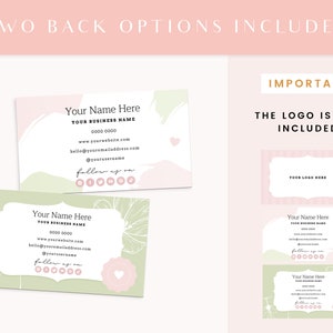 May include: Two back options for a business card design. The first option features a green and pink background with a floral design and a heart. The second option features a green background with a floral design and a heart. Both options include the text "Your Name Here", "Your Business Name", a phone number, website address, email address, social media icons, and the text "follow us on".