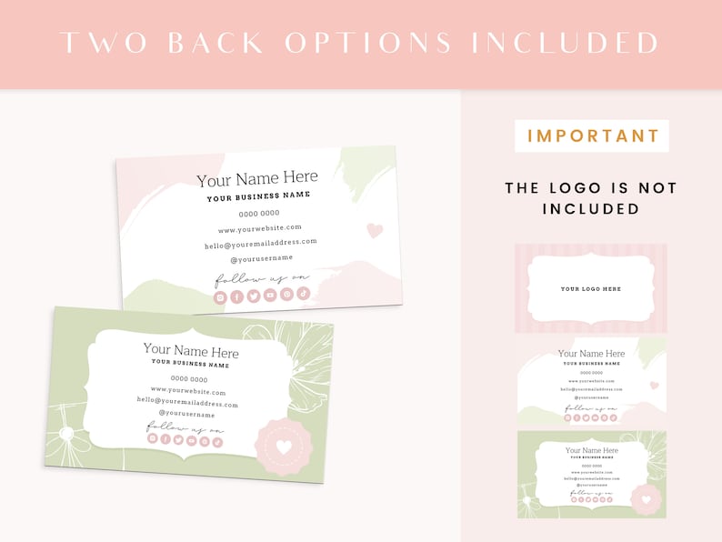 May include: Two back options for a business card design. The first option features a green and pink background with a floral design and a heart. The second option features a green background with a floral design and a heart. Both options include the text "Your Name Here", "Your Business Name", a phone number, website address, email address, social media icons, and the text "follow us on".