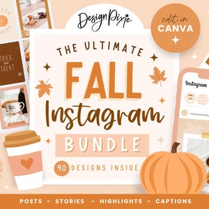 Plantillas de Instagram de otoño en Canva - Ideas para historias de Instagram de otoño - Plantillas para publicaciones de Instagram de otoño - Diseño de paquete de Instagram de Halloween Pixie