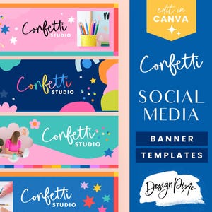 May include: A graphic design featuring banner templates for social media. The design includes the text "Confetti Studio" in a playful font, along with colorful backgrounds and illustrations. The words "Edit in Canva" are also visible.