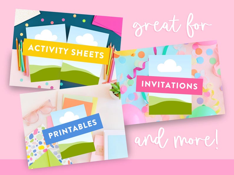 May include: Image features three colorful cards labeled "Activity Sheets," "Invitations," and "Printables." Each card has a landscape scene with a blue sky and a white cloud. The background is pink with decorative elements.