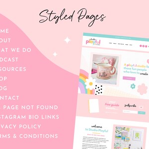 May include: A website homepage for Studio Playful, a creative studio for those who love to create. The website features a pink and white colour scheme with a rainbow and flowers. The text "A playful studio for those fun people who love to create" is displayed on the page. The website also includes a navigation bar with links to the home, about, what we do, podcast, resources, shop, blog, contact, 404 page not found, Instagram bio links, privacy policy, and terms & conditions pages.