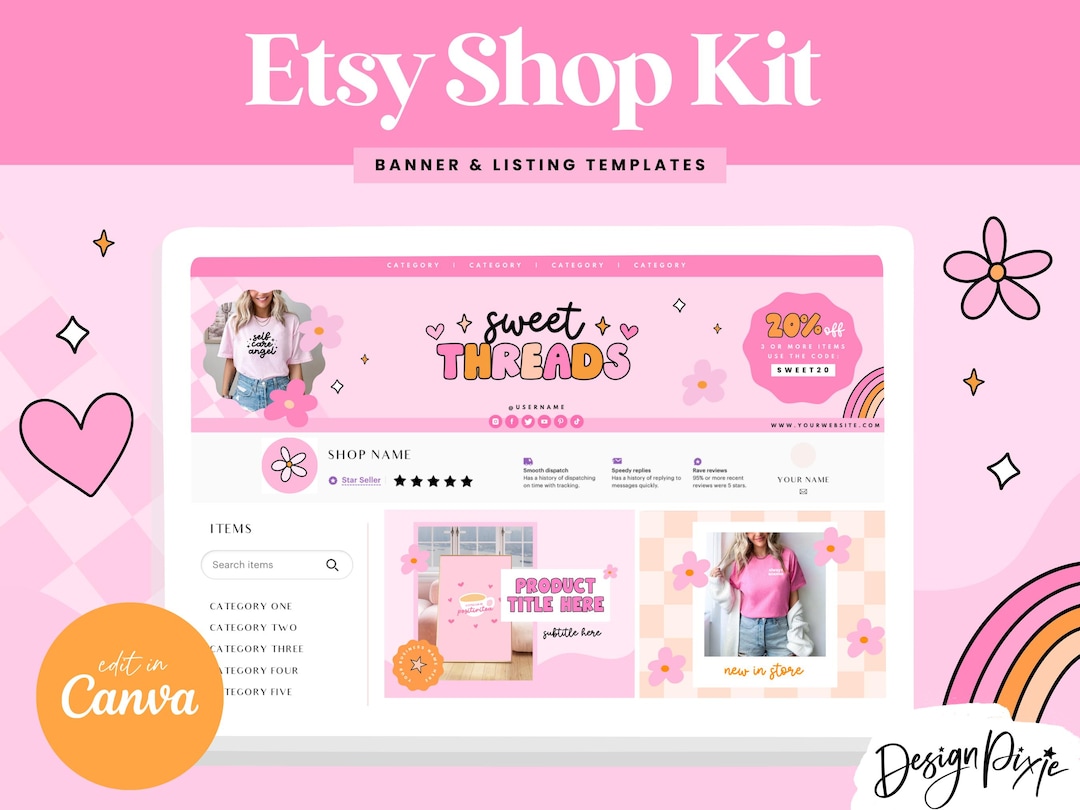 Pink Retro Branding Kit for Etsy - Shop Kit Canva Templates - Hot Pink ...
