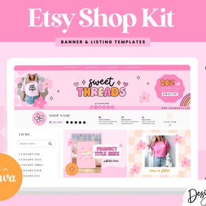 May include: Pink Etsy shop banner template with the text "sweet threads" in a colorful font. The banner also includes a 20% off sale graphic and a shop name placeholder. The template is designed to be used with Canva.