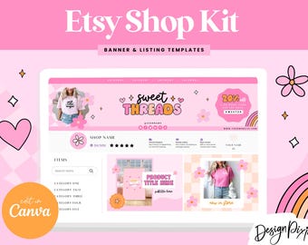 Kit de identidad visual retro rosa para Etsy - Plantillas Canva para tiendas - Paquete de diseño rosa fucsia para listados de tiendas Etsy - Vendedor de Etsy - ST01 - Blog Pixie
