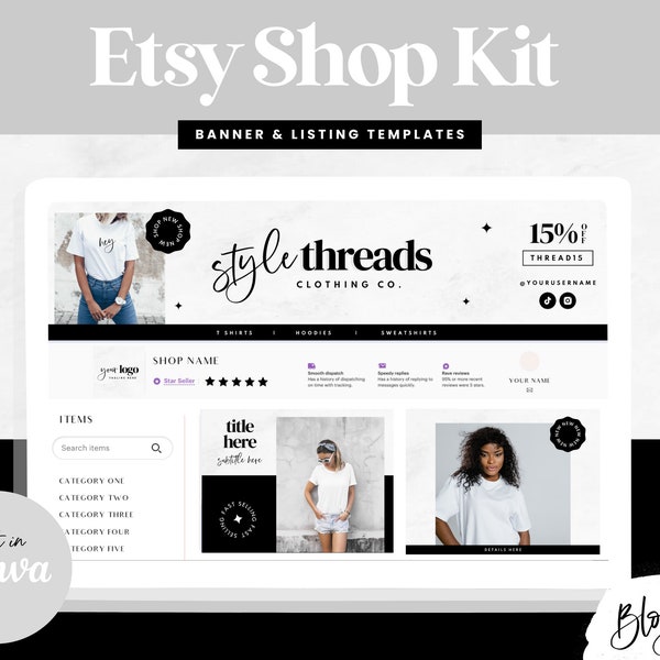 Etsy Shop Branding Kit - Canva Etsy Banner Vorlagen - Etsy Store Eintrag Vorlagen - Schwarz Weiß Minimal - Verkäufer Erfolg - Blog Pixie